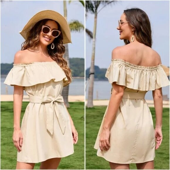 Cupshe Marlene Ruffle Off The Shoulder Tie Waist Dress Size Large - Picture 1 of 17